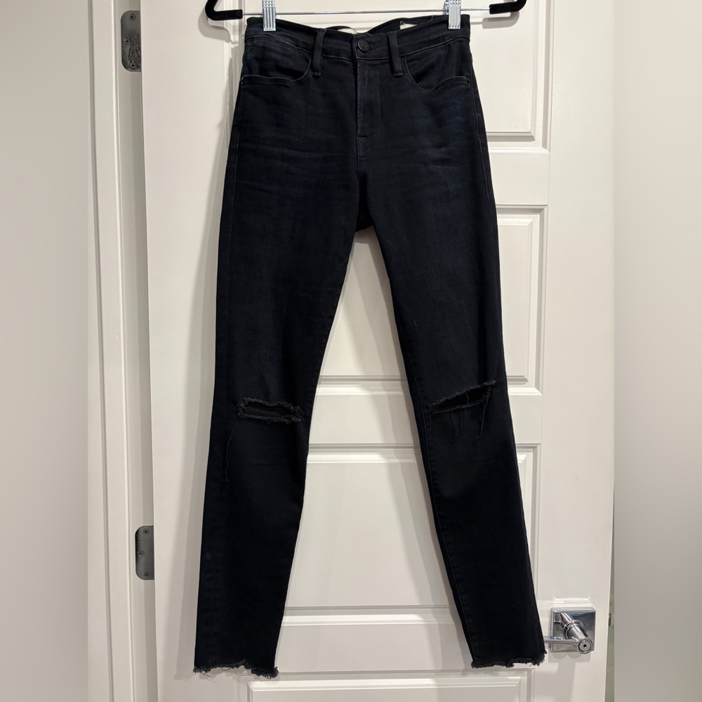Frame Denim Le High Skinny Black Destressed Jeans Womens 26 Freyed Hem Goth Punk